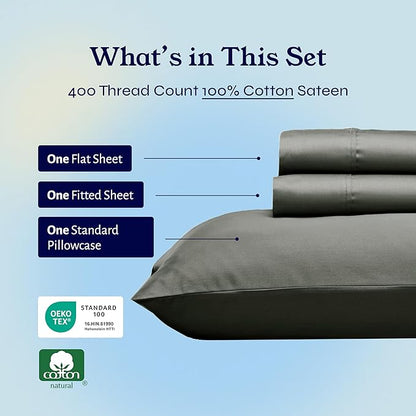 California Design Den Twin XL Sheet Sets - 100% Cotton Sheets, 400 Thread Count Sateen, Deep Pockets, and Durable Bedding, Dorm Essentials for Guys - Grey