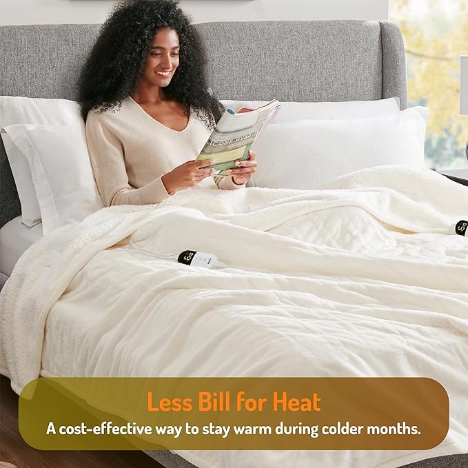 Degrees of Comfort Electric Blanket Twin Size - Soft Sherpa Flannel Heated Blankets - 6 Heat Settings, 10-Hour Auto Shut-Off, Overheat Protection, Etl Certified - 62x84'', Ivory