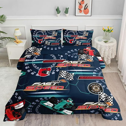 Cartoon Racing Comforter Set Extreme Sports Printed Bedding Set with 1 Comforter and 2 Pillowcases for Boys and Girls Bedroom All Season(Racing Full)