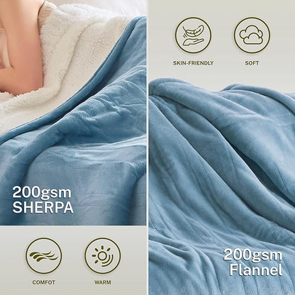 Heat Blanket 62”x84” Twin Size,Soft Flannel & Sherpa Reversible Electric Blanket with 10 Heat Settings,12 Timer Setting and 8 Hours Auto-Shut Off,ETL Certified Machine Washable,Light Blue