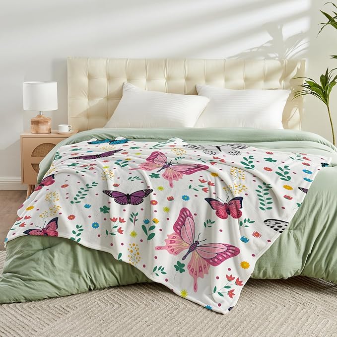 Butterfly Kids Throw Blanket for Girls Teens Toddler White Soft Fuzzy Flannel Bed Blanket Plush Butterfly Birthday Gifts for Women Girls Kids Teens Adults, 60”x80”