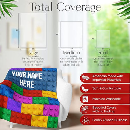 Custom Throw Blanket with Custom Name | Compatible | Ultra Soft Warm Bedding | Room Decor or Bed Cover | Couch Blanket | Creative Colorful Building Blocks (Fleece, 60x80)