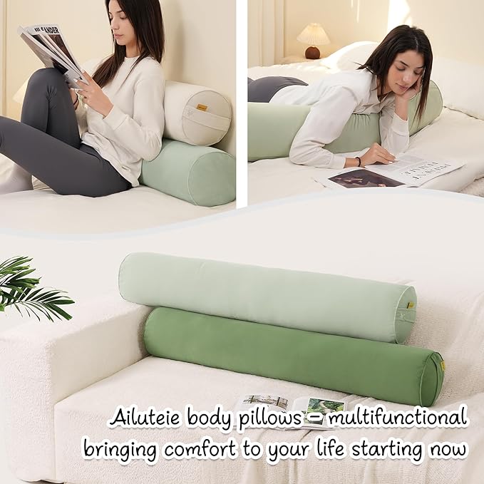 Bolster Pillow for Bed – Long Round Body Pillow for Adults, Cuddle Pillow for Sleeping, Full-Length Support,39 x 7.87 Inches,Celadon Green