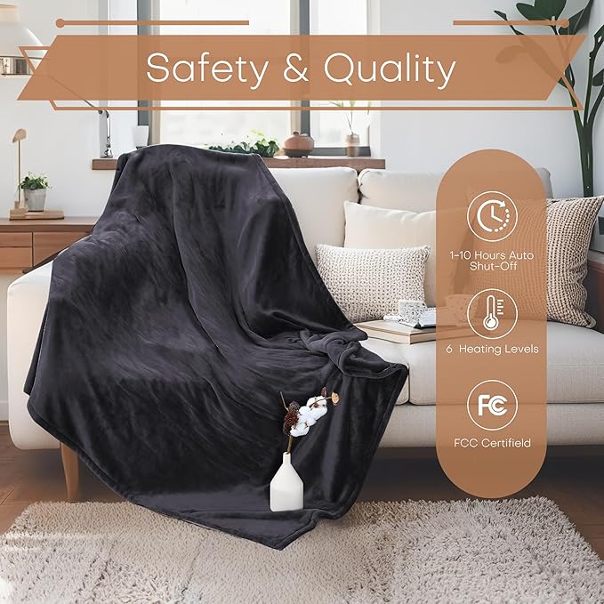 Electric Heated Blanket 72"x84" Full Size - Flannel & Sherpa Fabric Dual-Sided, 6 Heat Settings & 1-10 Hours Auto Off, Soft & Cozy Warming Throw for Home, Office, or Bed, Machine Washable, Iron Gray