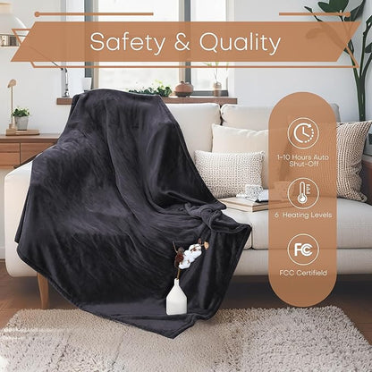 Electric Heated Blanket 72"x84" Full Size - Flannel & Sherpa Fabric Dual-Sided, 6 Heat Settings & 1-10 Hours Auto Off, Soft & Cozy Warming Throw for Home, Office, or Bed, Machine Washable, Iron Gray