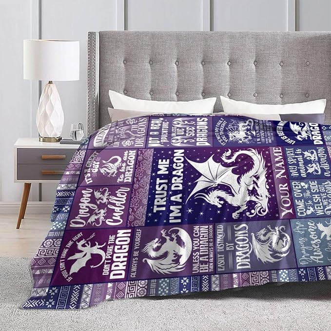 Custom Dragon Blanket with Name for Women Men, Personalized Cute Dragon Themed Design Printed Purple Throw Blankets for Teens Adults Lap, Chair Sofa, Giftable Blanket, 50"x 60"