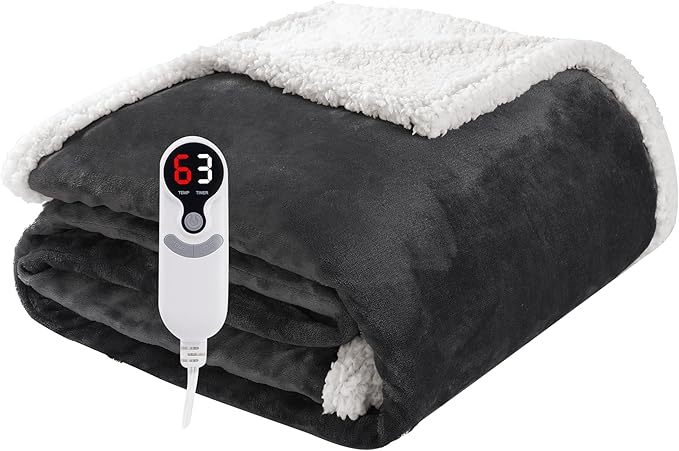 Electric Heated Blanket Throw Size 50"x60", Soft Flannel with Overheat Protection, 6 Adjustable Heat Settings & 3-Hour Auto-Off Timer, Fast Heating for Winter Comfort, Dark Gray