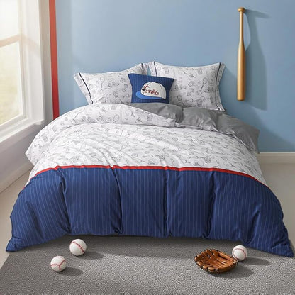 Simple&Opulence 100% Organic Cotton Duvet Cover for Kids Teens, 3 Pieces Soft Comforter Cover with Zipper Closure Cool Boy Girl Baseball Bedding Set - Sports, Twin