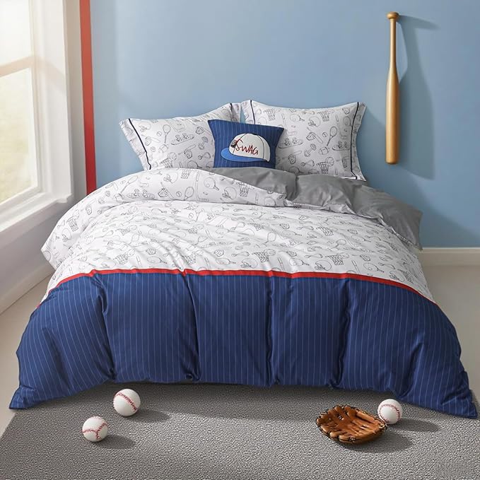 Simple&Opulence 100% Organic Cotton Duvet Cover for Kids Teens, 4 Pieces Soft Comforter Cover with Zipper Closure Cool Boy Girl Baseball Bedding Set - Sports, Full/Queen