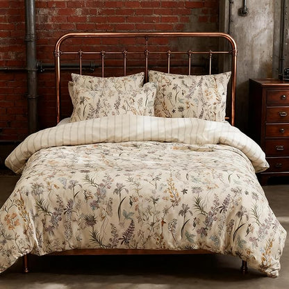 Floral Duvet Cover Beige Striped Bedding Set with Botanical 3 Pieces Kids Boys Girls Stripes Vintage Flower Pattern Reversible Soft Breathable Microfiber Duvet Cover Set with 2 Pillowcases