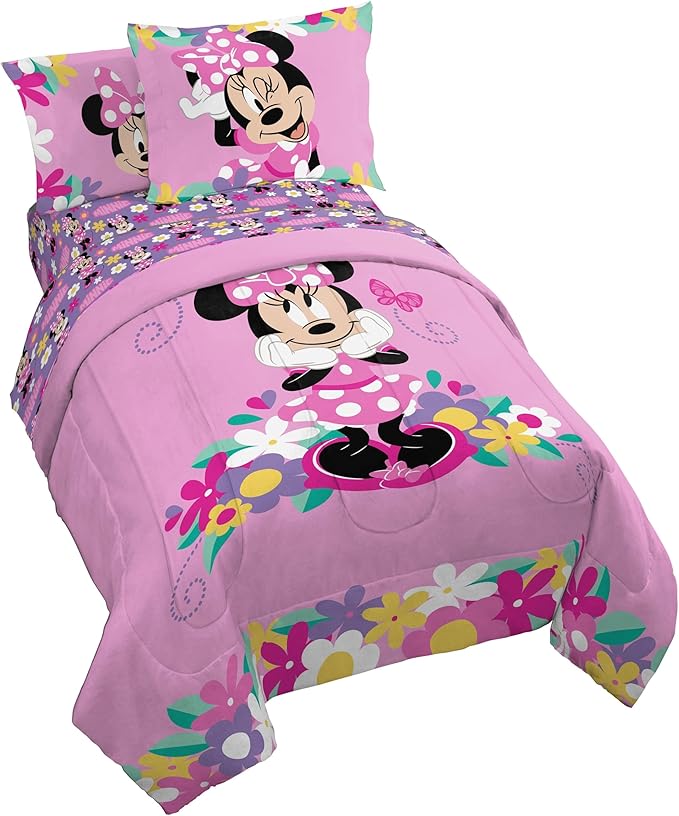 Jay Franco Kids Comforter Set Includes Sheets and Pillow Covers - Soft and Cozy Bed Set for Stylish Room Decor, Pink - Minnie Mouse 02, 7 Piece Full Size Bedding