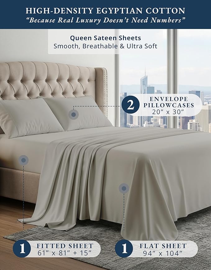 100% Egyptian Cotton Sheets Queen Size Set – Silky Sateen Weave for Winter Comfort, 15" Secure Fit Deep Pocket Queen Sheet Set, Naturally Breathable, Hotel-Quality Soft Luxury You Can Feel - Silver