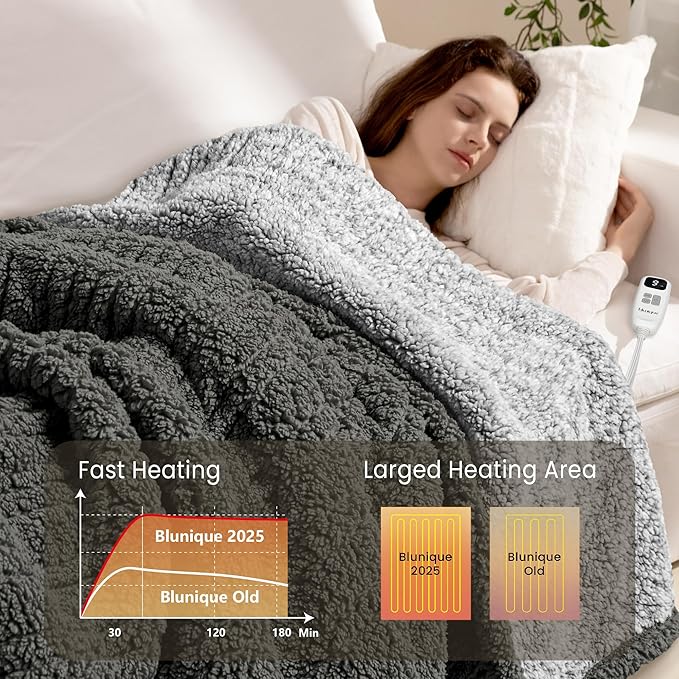 Heated Blanket Electric Blanket King - Fast Heating Blanket Throw Dual Control Double Sided Sherpa with 10 Heating Levels & 2-10 Hours Auto Off, Mashine Washable, 90 x 100 Inches, Grey