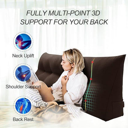 WOWMAX 85% Linen 15% Cotton Blend Headboard Pillow – Full Size Reading Wedge Backrest for Bed, Handmade Firm Support Bolster Cushion with Removable Cover, Premium Bed Rest Pillow, Brown