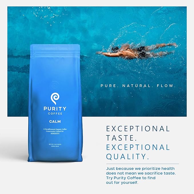 Purity Coffee CALM Decaf Medium Roast Whole Beans - USDA Certified Organic Specialty Grade Arabica Swiss Water Processed Decaffeinated - Third Party Tested for Mold, Mycotoxins, Pesticides - 5 lb Bag
