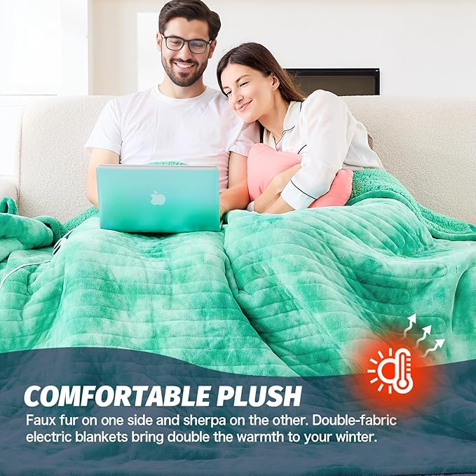 greenoak Heated Electric Blanket Throw, Faux Fur Sherpa Heating Blanket for Sofa Bed, Warm Winter Gifts for Women/Her, Heater Lap Blankets 5-Position Timer &10 Heating Levels 62''*84" Aqua