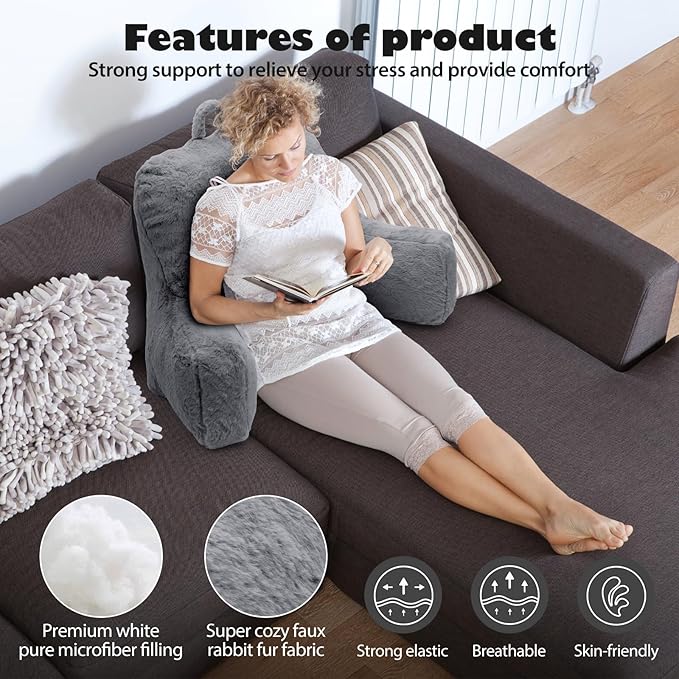 Reading Pillow Large Bed Pillow,Backrest Pillow with Arms, Back Support Pillow for Sitting Up in Bed, Couch for Adults Lounging Bedrest,Grey