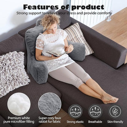 Reading Pillow Large Bed Pillow,Backrest Pillow with Arms, Back Support Pillow for Sitting Up in Bed, Couch for Adults Lounging Bedrest,Grey