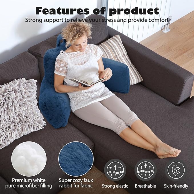 Reading Pillow for Sitting in Bed Adult, Standard Reading Pillow with Memory Foam, Back Pillow for Bed Sitting Up with Extend Arms, Blue