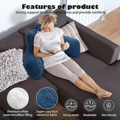 Reading Pillow for Sitting in Bed Adult, Standard Reading Pillow with Memory Foam, Back Pillow for Bed Sitting Up with Extend Arms, Blue