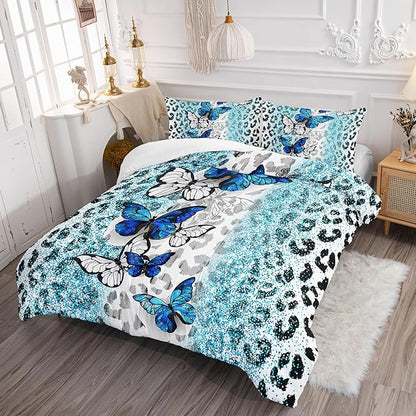 Blue Butterfly Comforter Set for Girls Full Size, Black and White Leopard Print Comforter with 2 Pillowcases, Wild Animal Theme Home Decoration