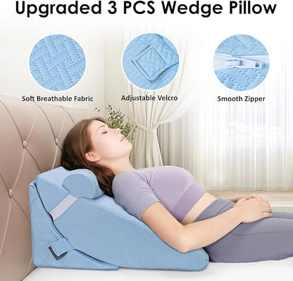 Bed Wedge Pillow for Sleeping, 3PCS Wedge Pillow Set for After Surgery, Adjustable 7 &12 inch Pillow Wedges for Acid Reflux Relief, Back Pain Relief, Sleep Apnea, Sitting Up, Headboard (Light Blue)