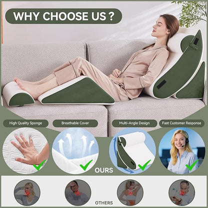 Wedge Pillow Set for After Surgery, 5 PCS Bed Wedge Pillow for Sleeping, Memory Foam Orthopedic Back Adjustable Pillow for Pain Relief and Acid Reflux with 2 PCS Axilla Pillow Green