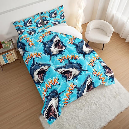 HOSIMA Shark Comforter Set King Size,Ocean Theme Bedding Set for Kids Boys,3D Shark Pattern Nautical Comforter Set,Sea Animal Theme Ocean Decor Bedroom Collection with 2 Pillowcases.