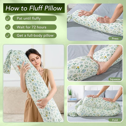 Full Body Pillow for Adults- Candy Long Round Bolster Pillow with Removable Floral Pillowcase, Adjustable Height, Firm Support for Side Sleeping, Pregnant Women, Washable,7.87"x55"