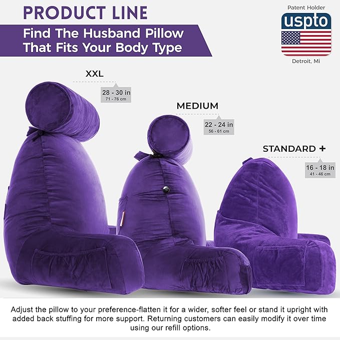 Husband Pillow XXL – Reading Pillow Bed Chair with Arms & Back Support – Purple - Back Pillow for Beds Sitting Up – Bed Rest Arm Pillow – Comfy Reading Pillow for Adults