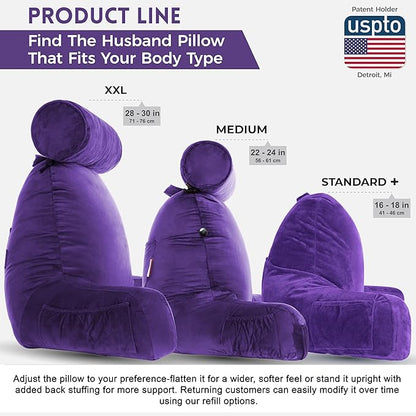 Husband Pillow XXL – Reading Pillow Bed Chair with Arms & Back Support – Purple - Back Pillow for Beds Sitting Up – Bed Rest Arm Pillow – Comfy Reading Pillow for Adults