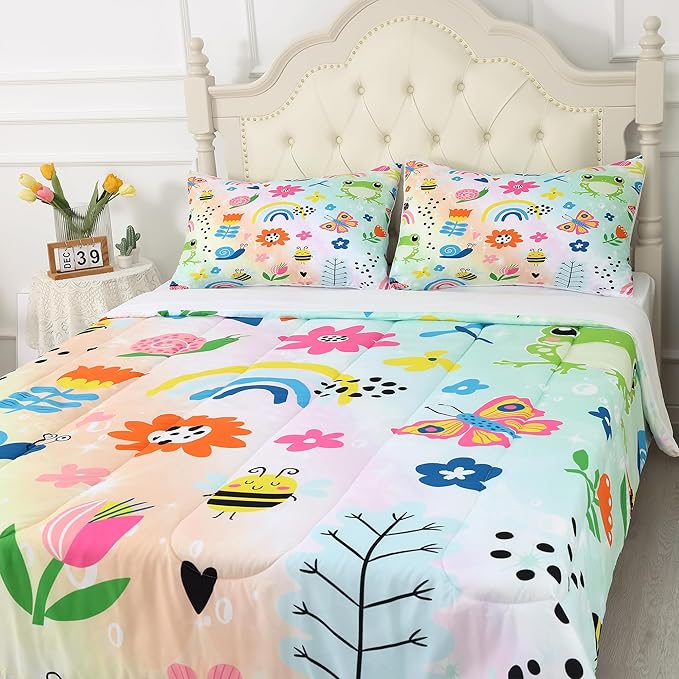 Rainbow Comforter Sets Full Size Cartoon Frogs Bedding Sets for Girls Kids Teens Boys Flowers Butterfly Bees Snails Insects Cute Kawaii Quilt 1 Comforter + 2 Pillow Cases