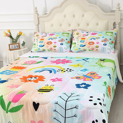 Rainbow Comforter Set Queen Size Cartoon Frogs Bedding Sets for Girls Kids Women Boys Flowers Butterfly Bees Snails Insects Cute Kawaii Quilt 1 Comforter + 2 Pillow Cases