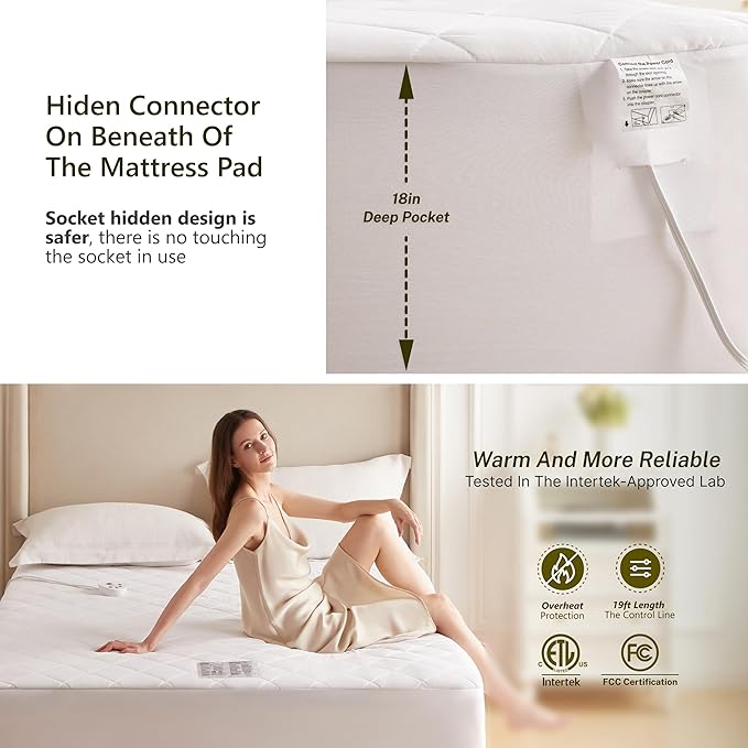 Heated Diamond Quilted Mattress Pad,Full Size,Soft Bed Warmer,10 Heat Settings,1-12 Hours Auto-Off,Fast Heating,ETL Certified,Machine Washable,Fit Up to 18" Deep Pocket,54"x75"