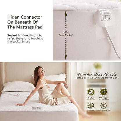 Heated Diamond Quilted Mattress Pad,Full Size,Soft Bed Warmer,10 Heat Settings,1-12 Hours Auto-Off,Fast Heating,ETL Certified,Machine Washable,Fit Up to 18" Deep Pocket,54"x75"