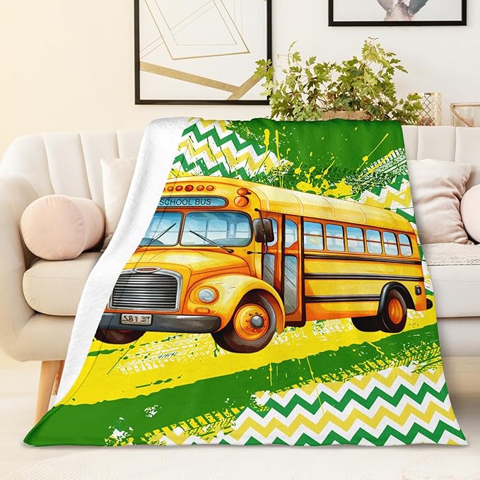 Boys Blanket Gifts School Bus Blankets for Kids Teens Adults - 60" x 80" Cool Car Themed Soft Lightweight Flannel Throws for Couch, Sofa, Bed, Bedroom Decor