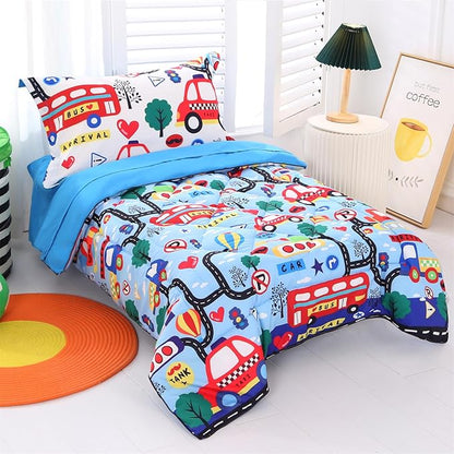 Wowelife Car Toddler Bedding Sets for Boys Blue, Premium 4 Piece Car Toddler Bed Sets for Boys, Super Soft and Comfortable for Toddler, Crib Bed 28 x 52 Inch, Transportation