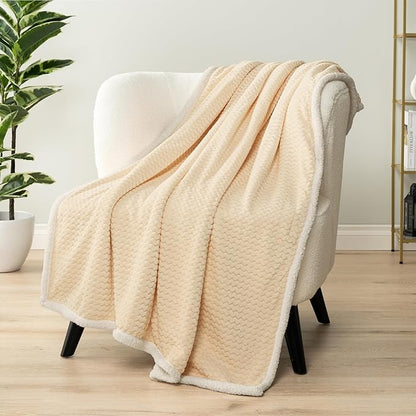 PAVILIA Cream Couch Blanket Throw Reversible Sherpa Chevron, Soft Cozy Jacquard Weave Textured Blanket for Sofa Bed, Thick Warm Large Fleece Car Blanket, Decorative Plush Home Decor, 50x60 Ivory Beige