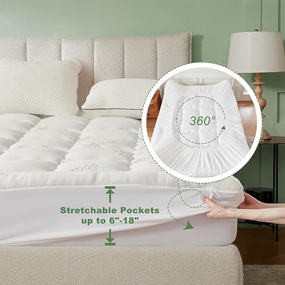 BEDLORE California King Mattress Topper Viscose Derived from Bamboo, Thick Pillow Top Mattress Pad with Stretchable Pockets for 6-18 inches Mattress, Soft Mattress Topper for Back Pain Relief