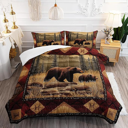 Rustic Bear Wild Hunt Animal Comforter 3Pcs Queen Natural Forest Wildlife Brown Bear Bedding Set for Kid Teen Boy Girl Adult Retro Mountain Lake Quilt Decor with 1 Comforter and 2 Pillowcases