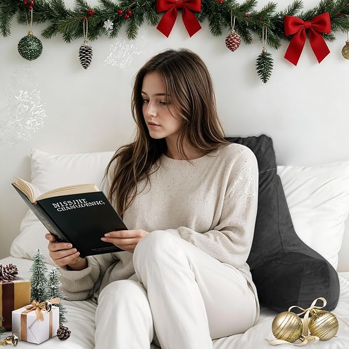Reading Pillow for Sitting in Bed Adult, Reading Pillow with Shredded Memory Foam, Back Pillow for Bed Sitting Up with Extend Arms, Pockets, Pillow with Washable Cover,Black, X-Large