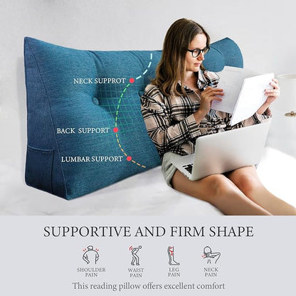 14 lbs Thickened Headboard Pillow Wedge Pillow Headboard Reading Pillow Bed for Backrest Reading Triangular Pillow with Side Pocket for Sitting in Bed Cotton Linen Blue King