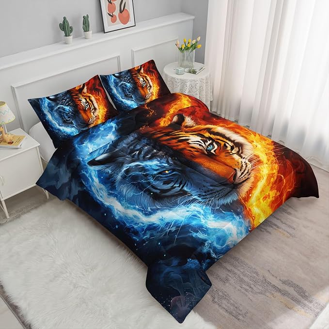 Tiger Comforter Set Wild Animals Flame Printed Bedding Set with 1 Comforter and 2 Pillowcases for Boys and Girls Bedroom All Season（Tiger Twin