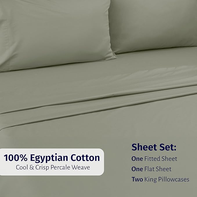 California Design Den Cal King Bed Sheets Set - Certified 100% Egyptian Cotton Percale Sheets California King Size, Lightweight, Crisp, Durable Luxury Bedding Set (Sage Mist - Grey Tone)