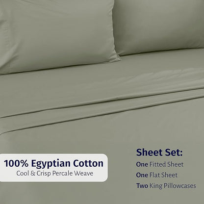 California Design Den King Percale Sheets Set - Certified 100% Egyptian Cotton, Lightweight & Crisp Percale King Bed Sheets Egyptian Cotton Set, Deep Pocket Luxury Bedding (Sage Mist - Grey Tone)