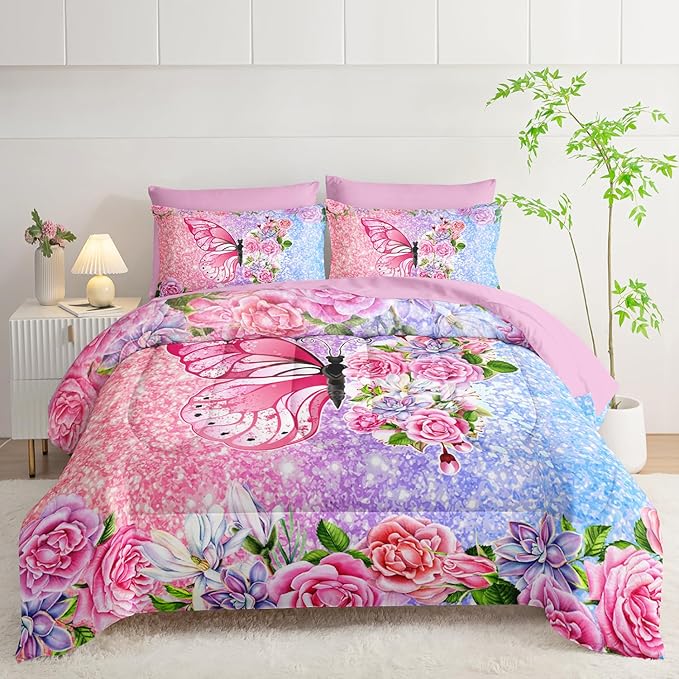 Butterfly Comforter Set (7 Piece) - Twin Size, Floral Pink Purple Bedding, Girls/Teens, Soft Microfiber, Sheets/Pillowcases Included