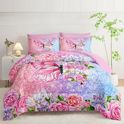 Butterfly Comforter Set (7 Piece) - Twin Size, Floral Pink Purple Bedding, Girls/Teens, Soft Microfiber, Sheets/Pillowcases Included