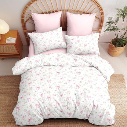 Bow Bedding Duvet Cover Full Size Pink Floral Bedding Set Kids Boys Girls Princess Style Bowknot Ultra Soft Reversible Garden Flower Duvet Cover Set 3Pcs
