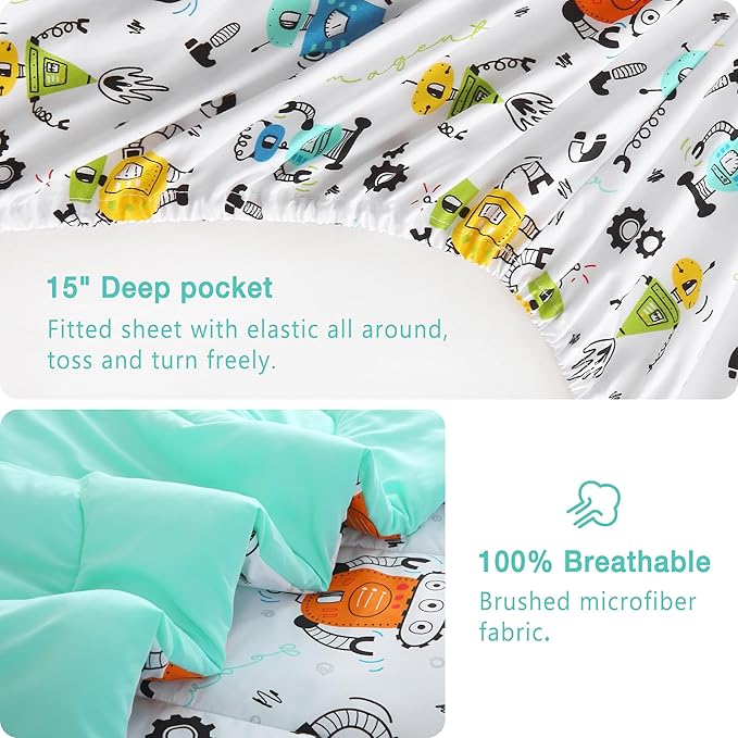 Mooreeke Twin Size Comforter Sets for Boys Kids, 6 Pieces Bed in a Bag White Robot Bedding Comforter Sheet Set with Shams and Decorative Toy Pillow, Ultral Soft Microfiber Kids Bed Set