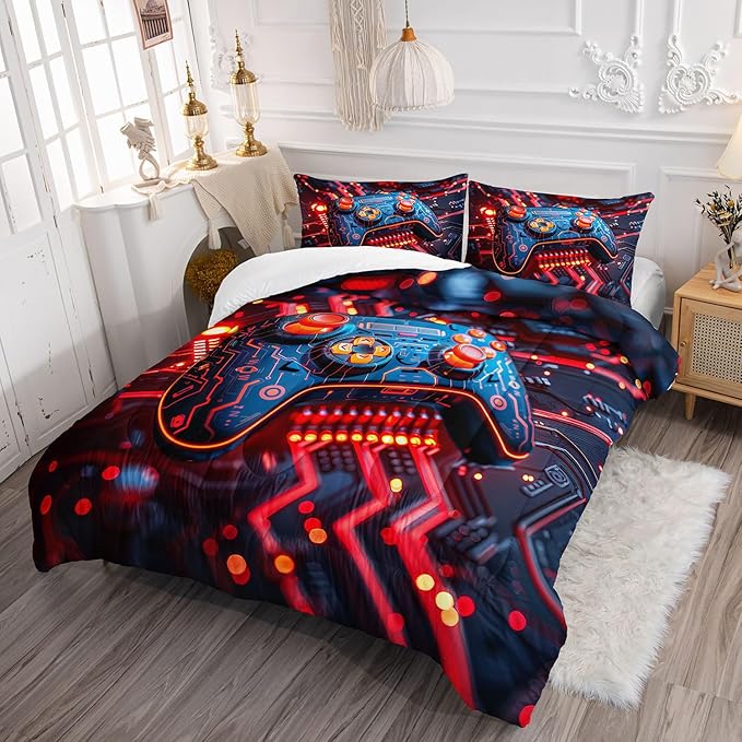 3D Gamepad Comforter Set Cartoon Machinery Printed Bedding Set with 1 Comforter and 2 Pillowcases for Boys and Girls Bedroom All Season(Gamepad-3 Queen)